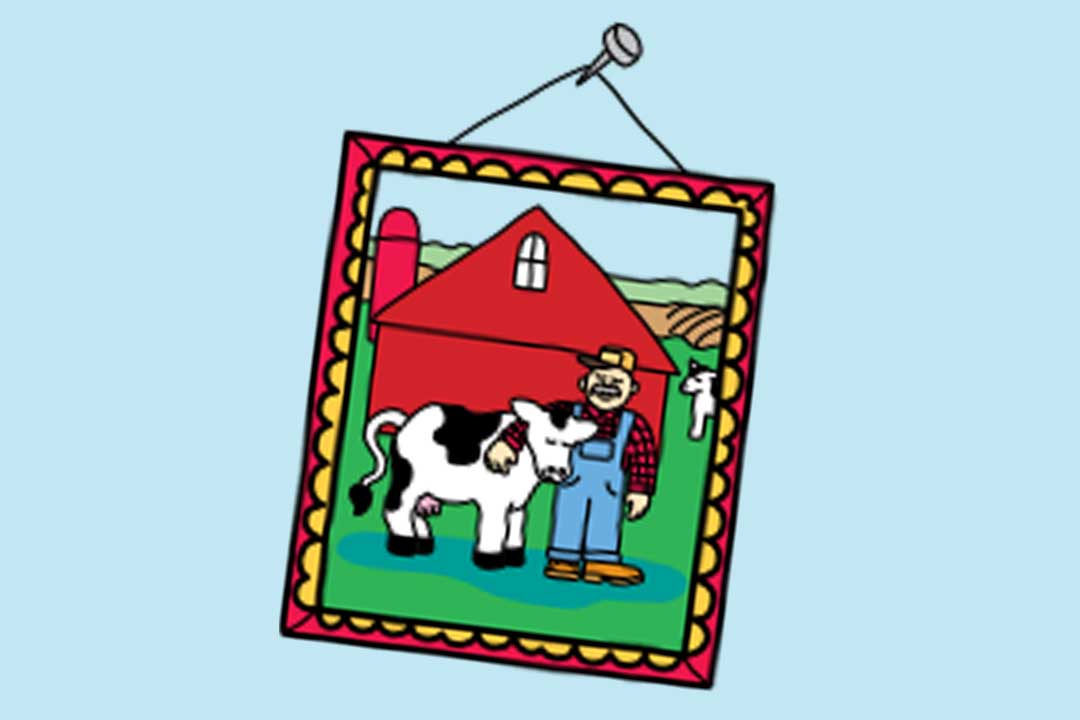 Kuva maatilallisesta halaamassa lehmää