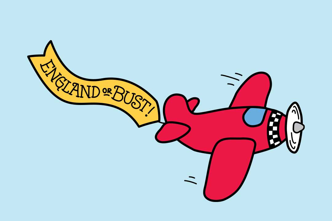 Lentokone ja banneri, jossa lukee ”Englanti tai tappio”